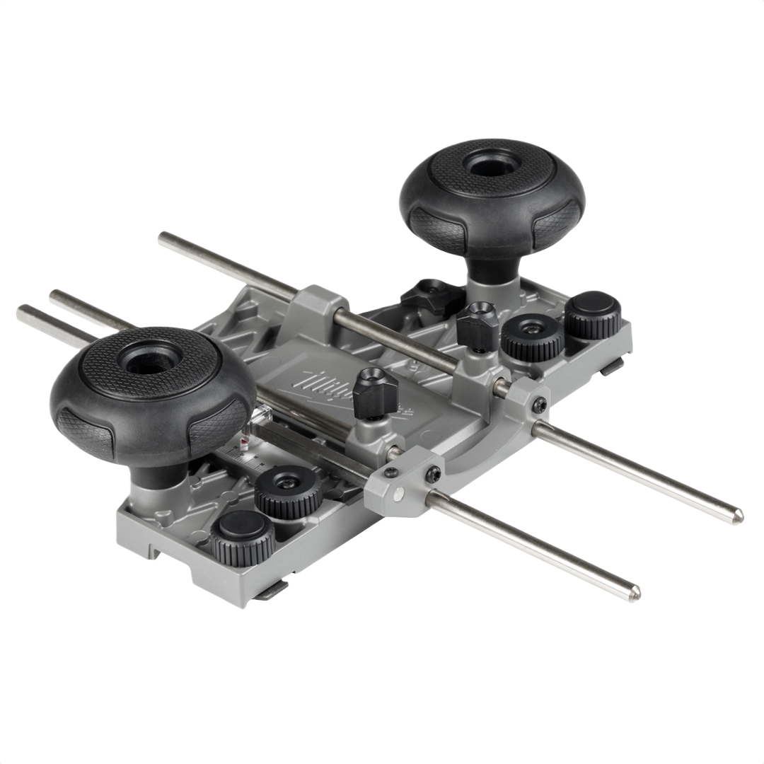 Gray and black Milwaukee router guide rail adapter with adjustment knobs for woodworking tool accessories collection