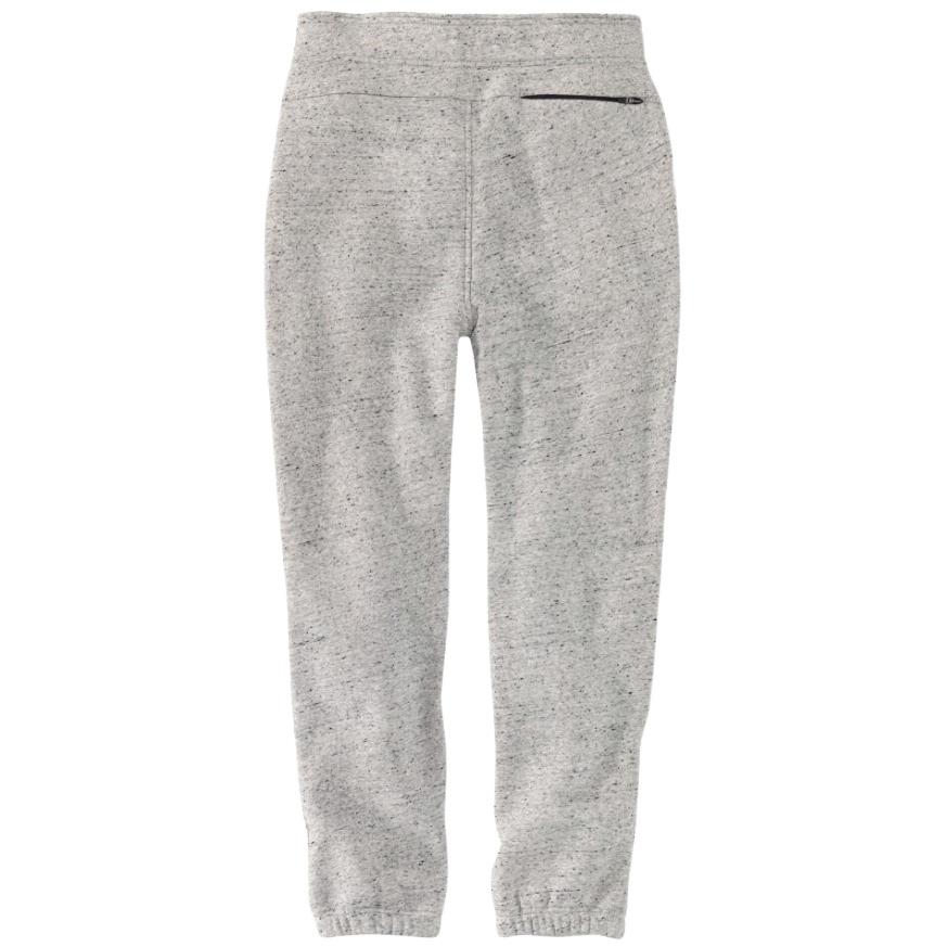 Light gray heather fleece joggers with elastic waistband and zippered back pocket for casual comfort and style
