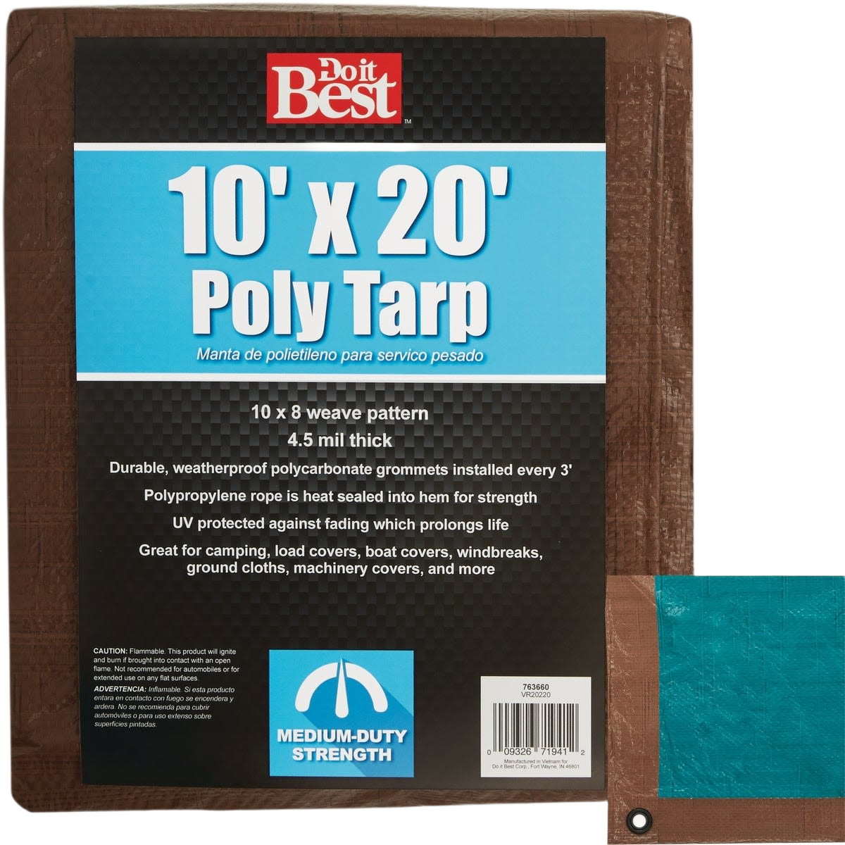 Brown and green medium-duty poly tarp with reinforced grommets and polypropylene rope for home improvement use