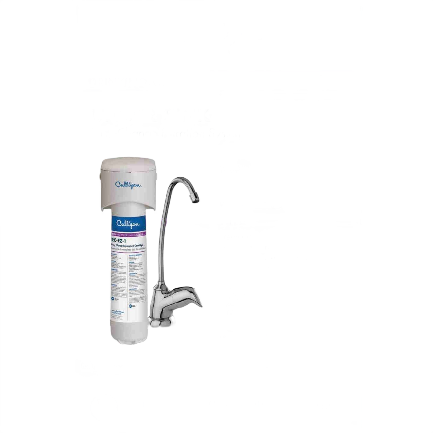White undersink water filtration system with chrome faucet and replaceable cartridge for home improvement use