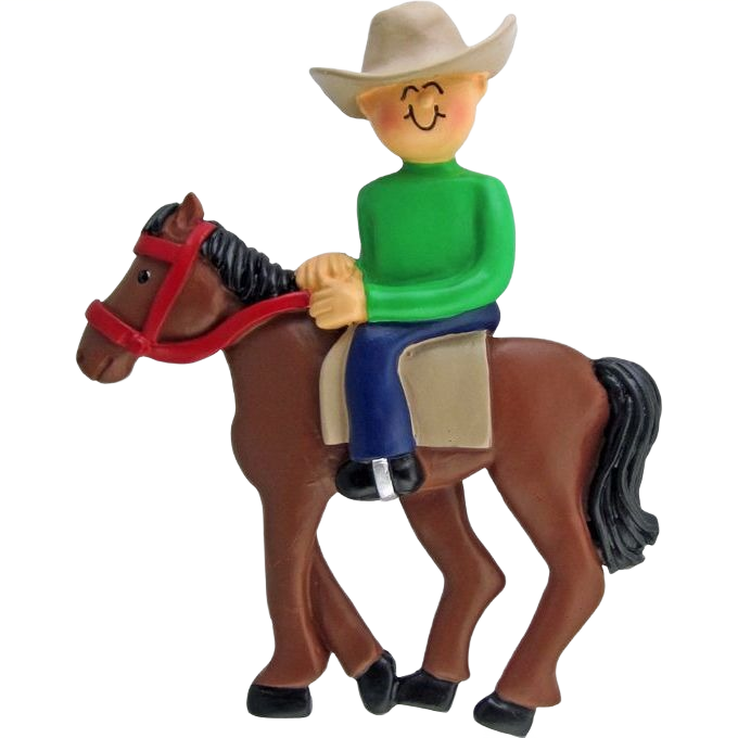 Smiling male figurine in green shirt and cowboy hat riding brown horse ornament in Christmas Ornaments & Tree Decorations collection
