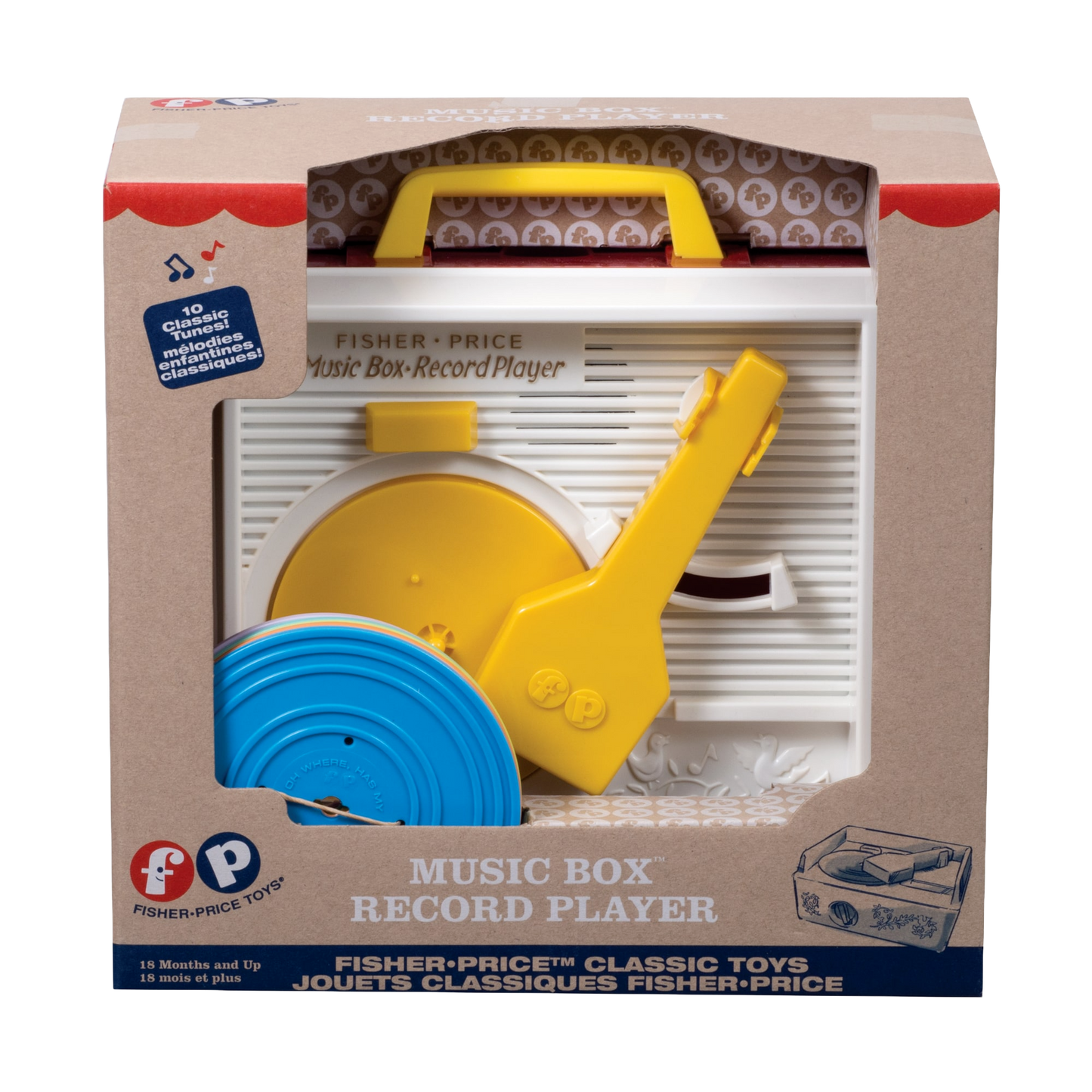 Retro-style Fisher Price record player music box toy with yellow and blue details in cardboard packaging