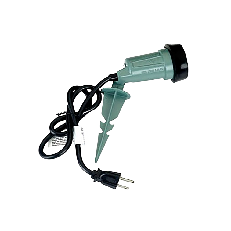 Green portable outdoor light with 5-inch ground spike and power cord for outdoor lighting and electrical projects