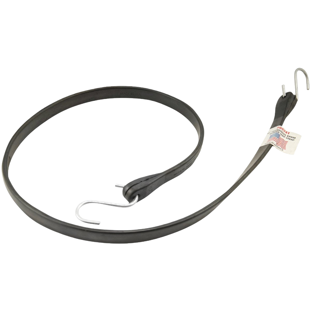 Black industrial rubber tarp strap with metal hooks designed for securing tarps and equipment in home improvement tasks