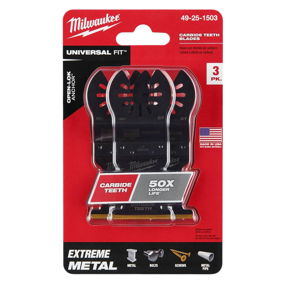 Three Milwaukee carbide teeth replacement blades in packaging for home improvement metal cutting tools