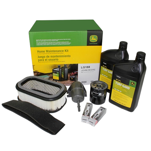 John Deere home maintenance kit with oil, air filter, spark plugs, fuel filter, and foam cleaner for tools and home improvement