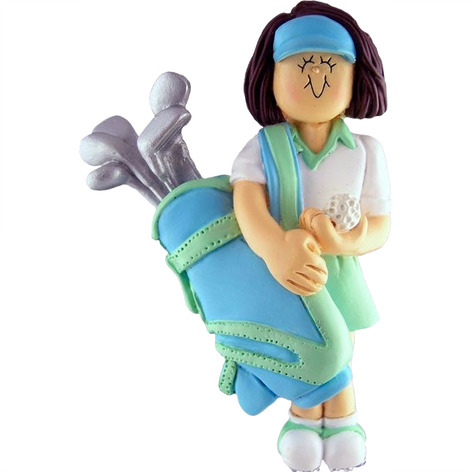 Personalized brunette female golfer holding a blue and green golf bag ornament for Christmas tree decoration under $50 collection