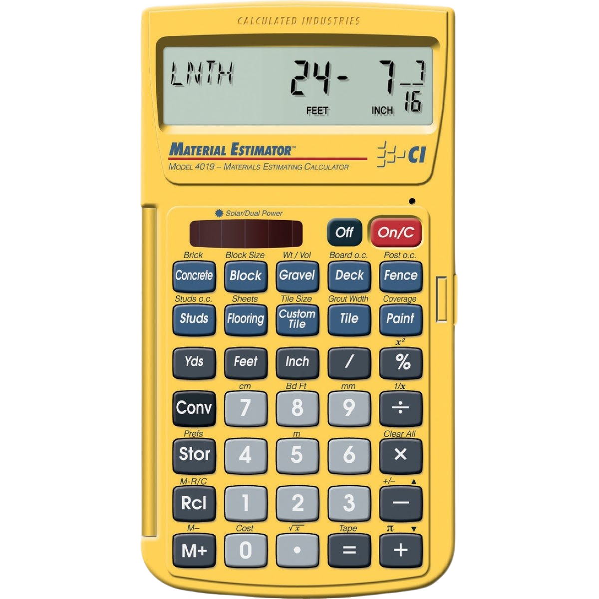 Yellow handheld material estimator calculator with large display and multiple function keys for measuring and home improvement tasks