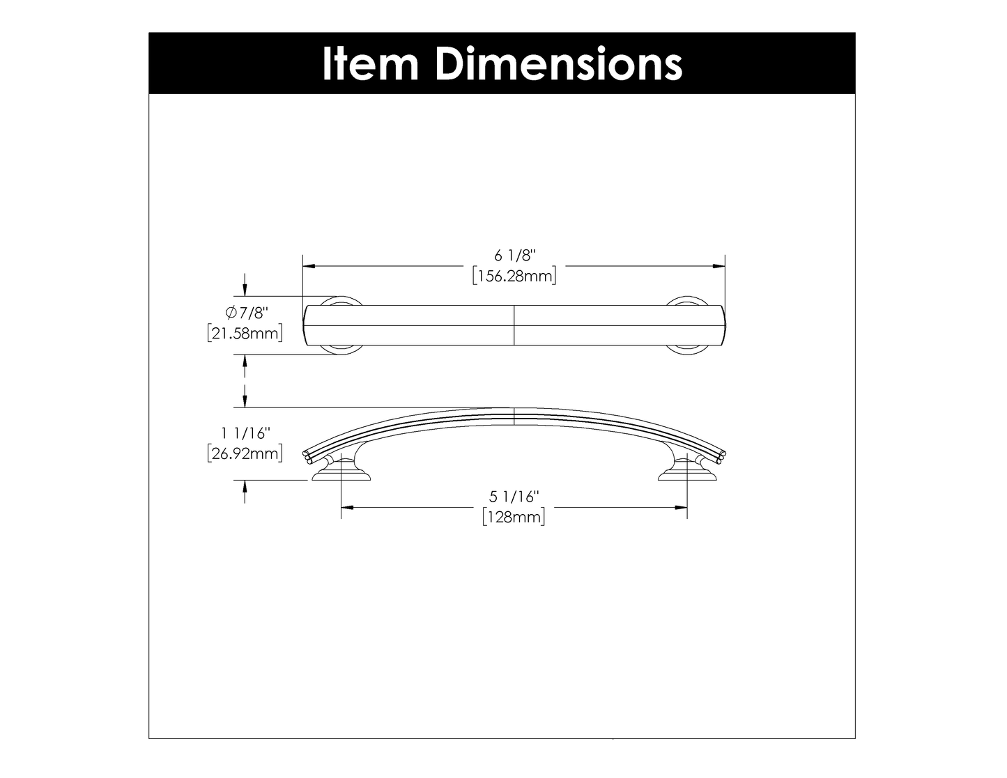 Technical drawing showing dimensions and curved profile of a vintage bronze drawer pull for furniture hardware collections