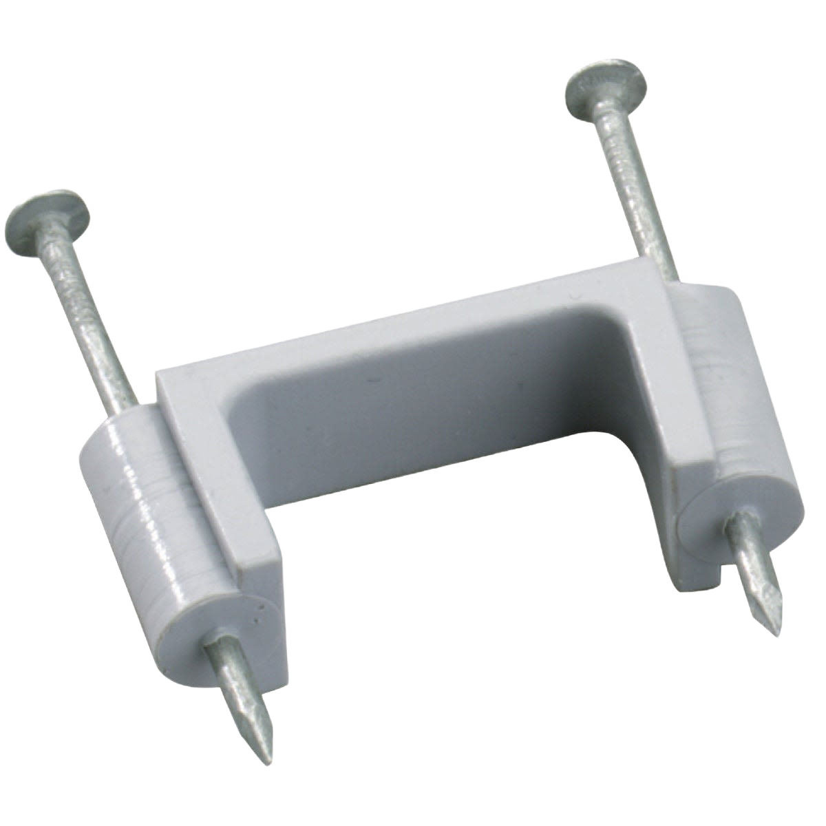 Gray plastic cable strap with two metal nails for securing wire in tools and home improvement projects