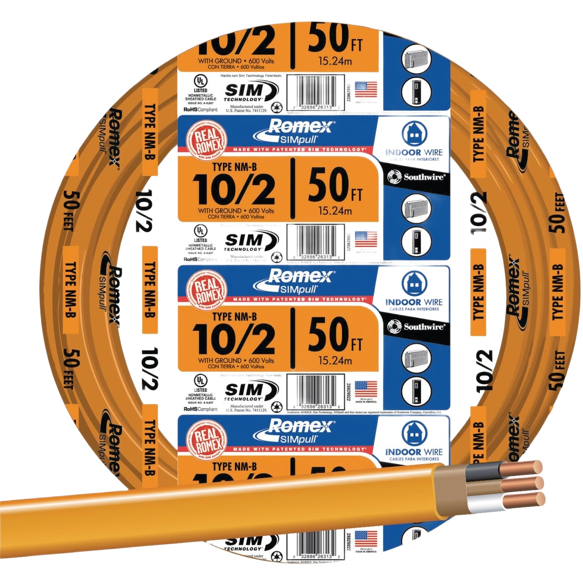 Coiled orange 50-foot building wire with 10-2 solid copper conductors for indoor electrical and home improvement use