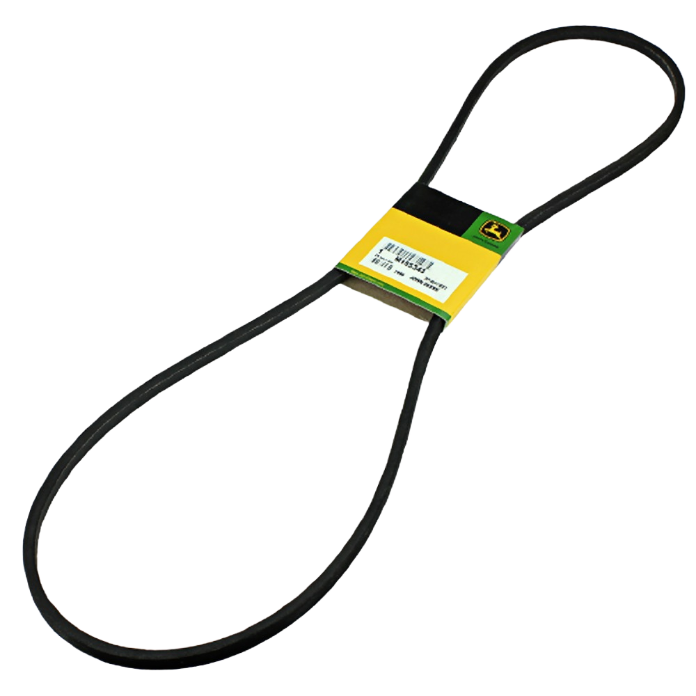 Black flexible powertrain drive belt with branded yellow and green label, designed for tools and home improvement use