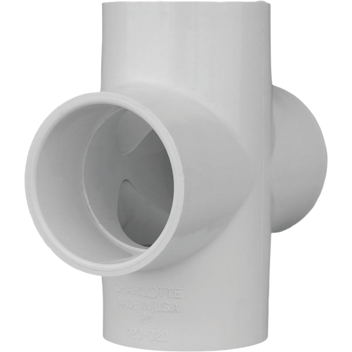 White Schedule 40 PVC cross fitting with four slip openings for durable plumbing connections in home improvement projects