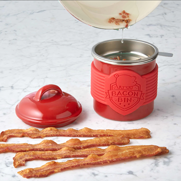 Red metal grease holder with silicone grip band and lid for kitchen gadgets under $50 collections
