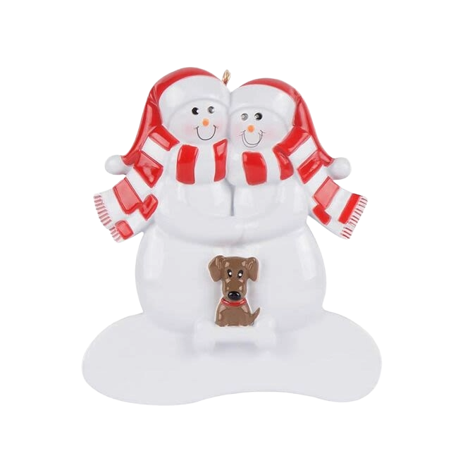 Snow couple wearing red and white scarves with tan dog ornament, festive Christmas decoration under $50