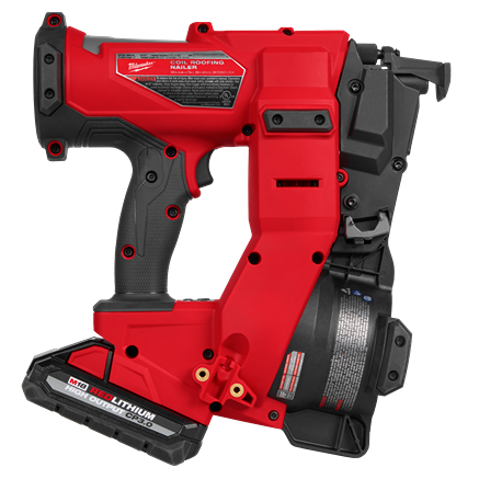 Red and black cordless coil roofing nailer with high output lithium battery for efficient home improvement projects