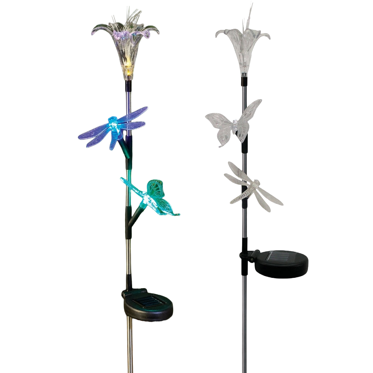 Metal outdoor solar stake light with acrylic flower and insect accents illuminating at night for garden decor