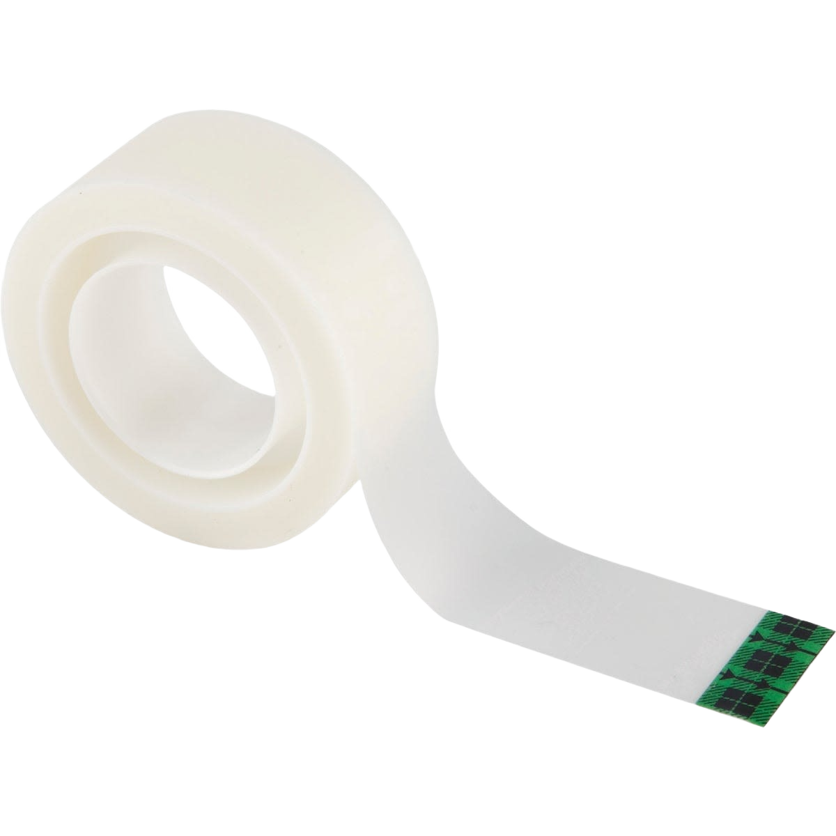 Roll of transparent adhesive tape refill with a green patterned end for home improvement and office use