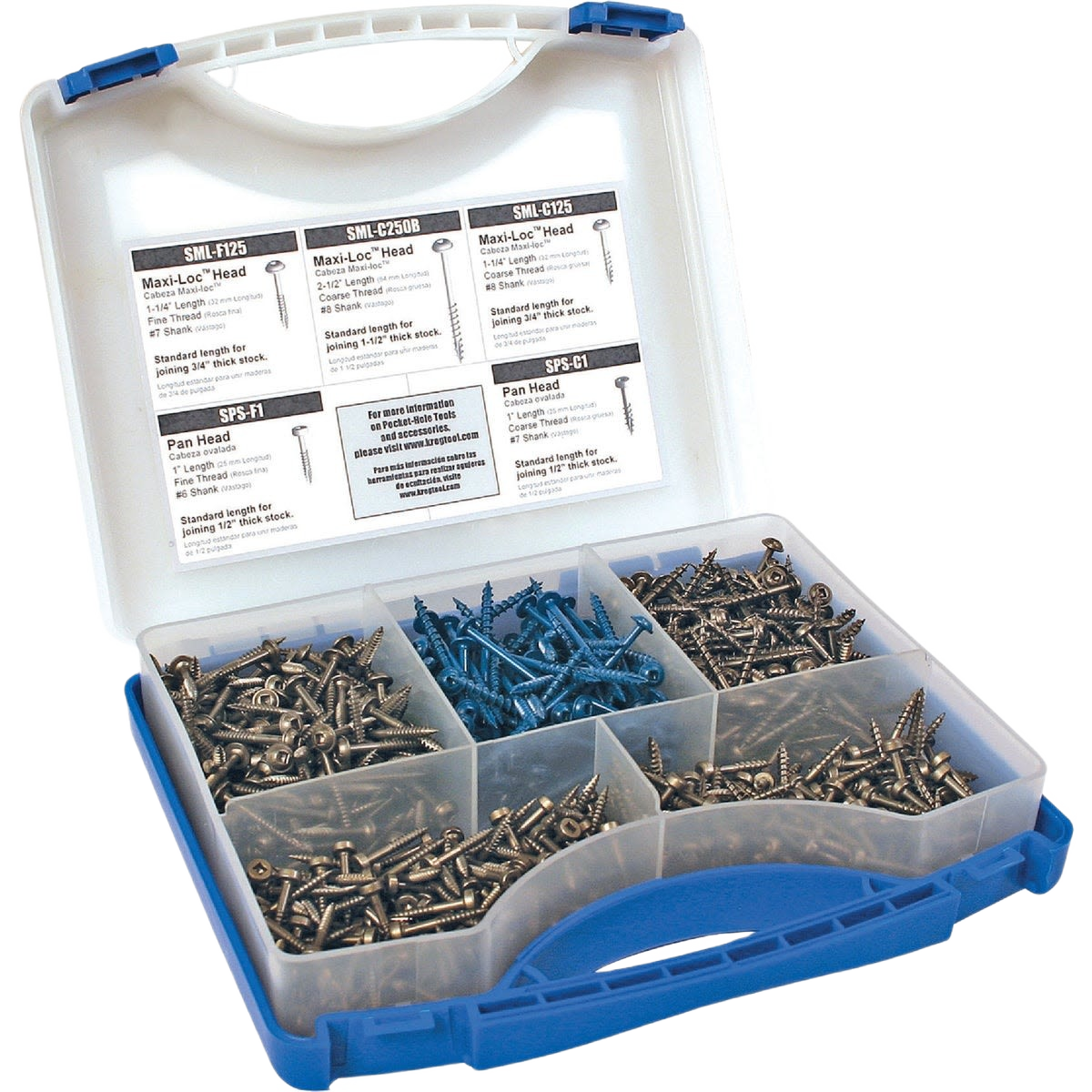 Plastic case containing an organized assortment of self-tapping pocket screws for woodworking tools and home improvement projects