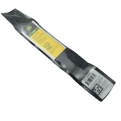 Black steel mower blade with yellow John Deere label designed for lawn care and home improvement tasks