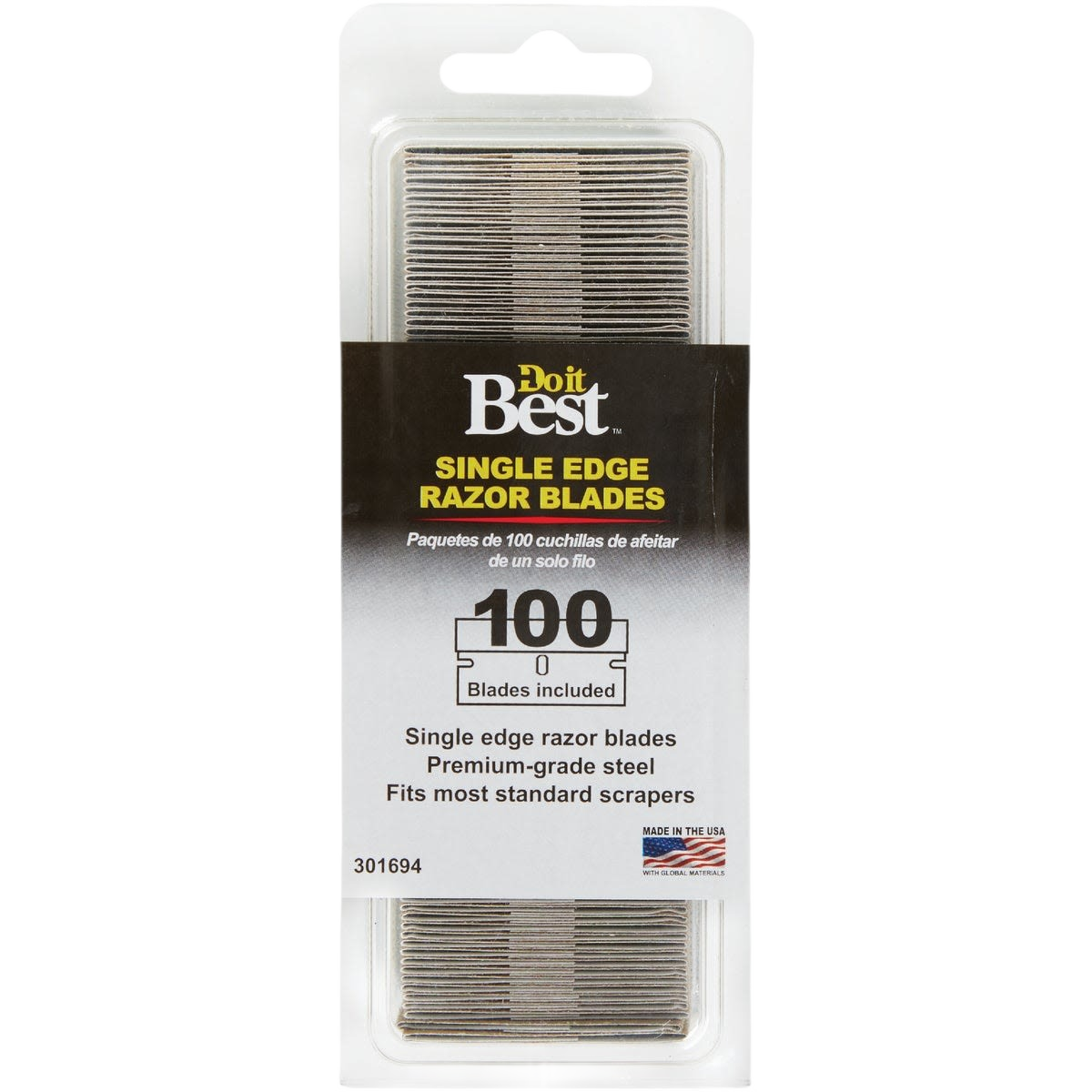 Package of 100 premium steel single-edge razor blades for use with standard scrapers in tool accessories collection