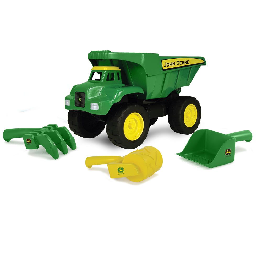 Green and yellow toy dump truck with John Deere logo and detachable scoop and rakes for outdoor play
