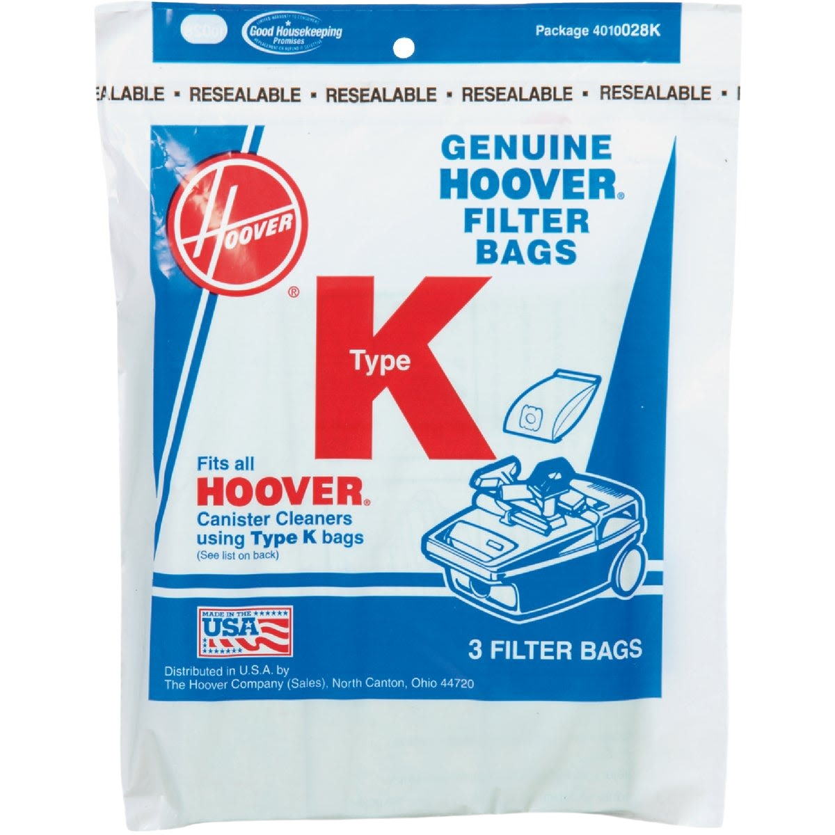 Resealable white package of genuine Hoover Type K vacuum filter bags for canister cleaners, pack of three.