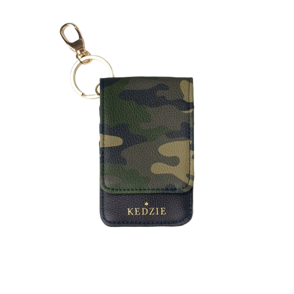 Compact camo patterned ID holder keychain with snap closure and gold Kedzie logo in Accessories and Bags & Wallets under $50