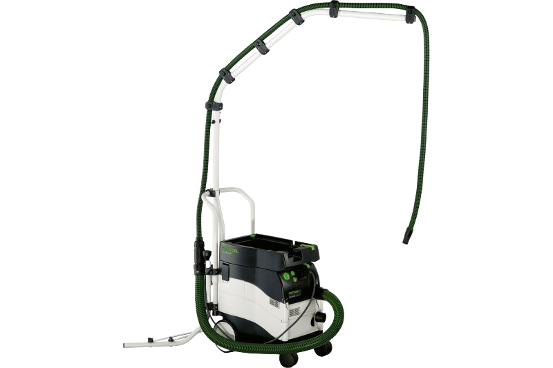 Mobile dust extractor with curved boom arm and flexible hose designed for efficient dust collection in home improvement projects
