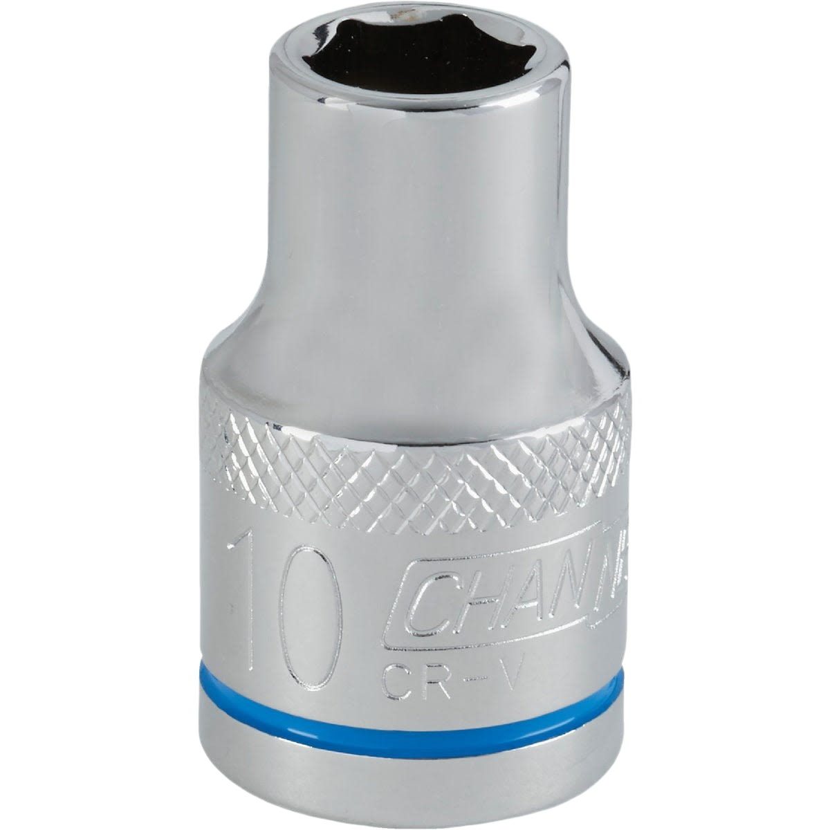 Chrome-finished 10mm shallow 6-point socket with textured grip band for hand tools in Sockets & Ratchets collection