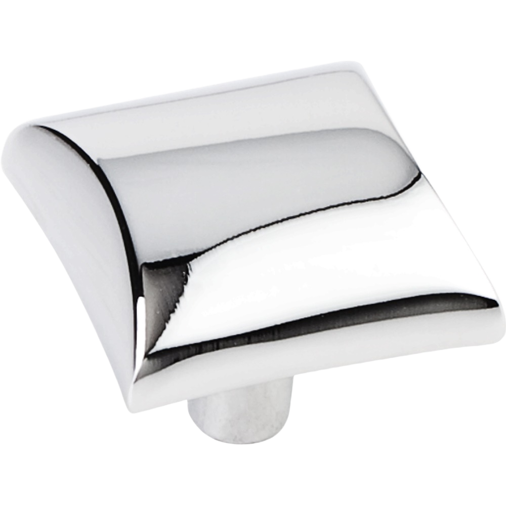 Square polished chrome cabinet knob with smooth reflective surface for tools and home improvement projects