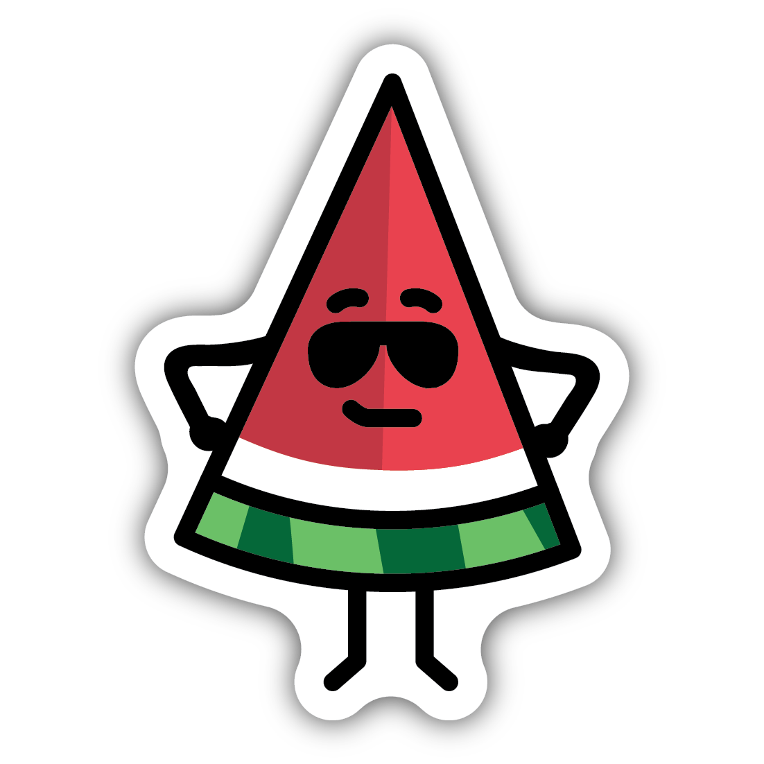 Cartoon watermelon slice character wearing black sunglasses with arms akimbo in playful sticker design