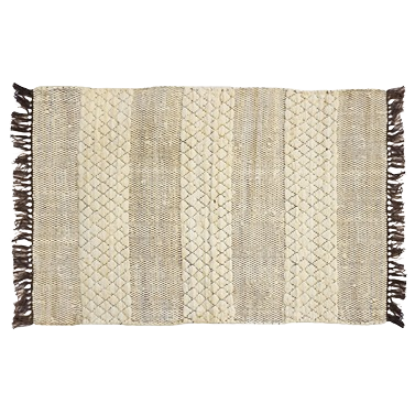 Handwoven beige cotton rag rug with textured striped pattern and dark fringe for area rug and home decor collections