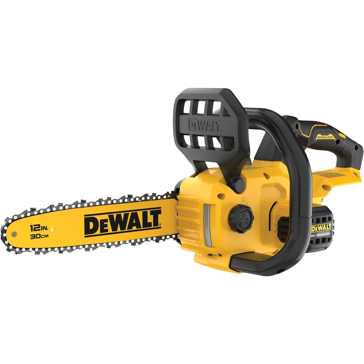 Yellow and black cordless compact chainsaw with 12-inch bar for outdoor power equipment and home improvement tools
