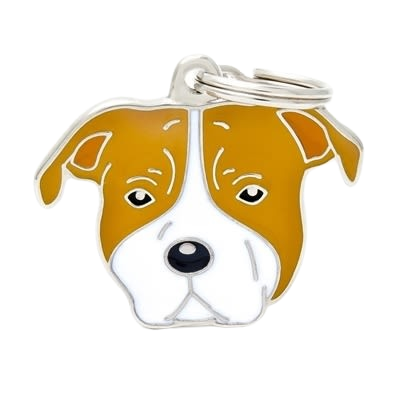 White and brown American Staffordshire Terrier dog face ID tag with silver keyring attachment