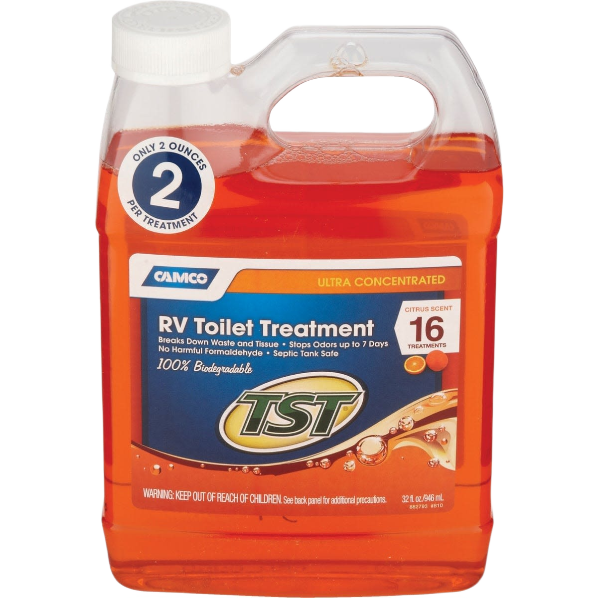 32 oz container of concentrated RV toilet treatment with citrus scent for odor control and septic safety