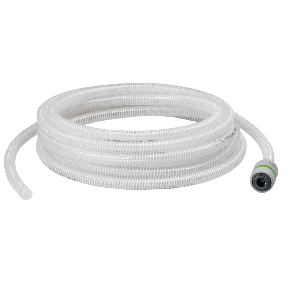 Coiled clear vacuum hose with green and black connector for tools and home improvement applications