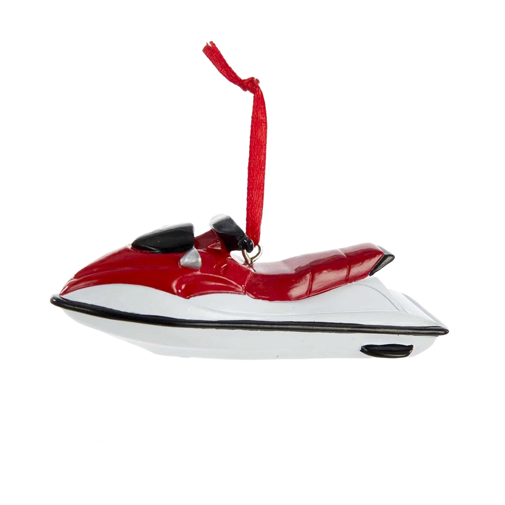 Red and white watercraft ornament with black seat and hanging loop for personalized holiday decoration
