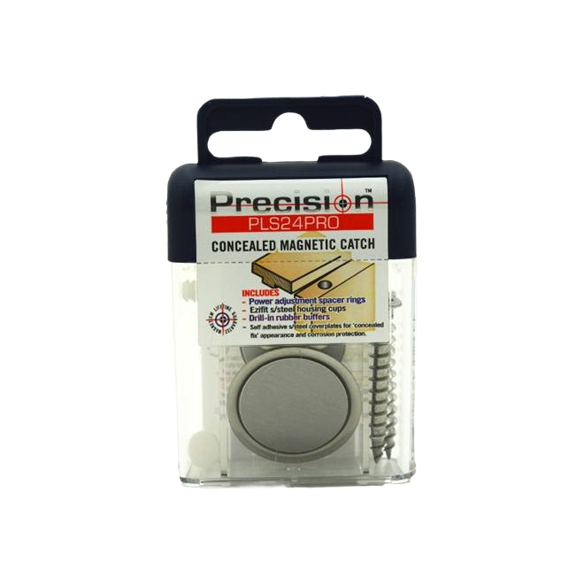 Packaged concealed magnetic catch with adjustable strength, including screws and mounting accessories for home improvement use.