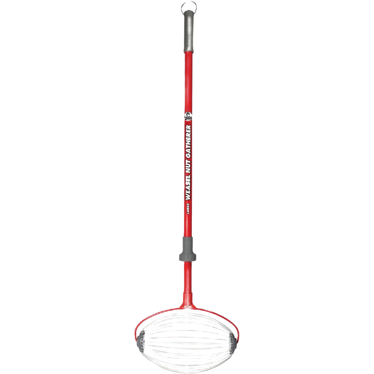 Red metal nut gatherer tool with long handle and wire basket for outdoor yard work and home improvement tasks