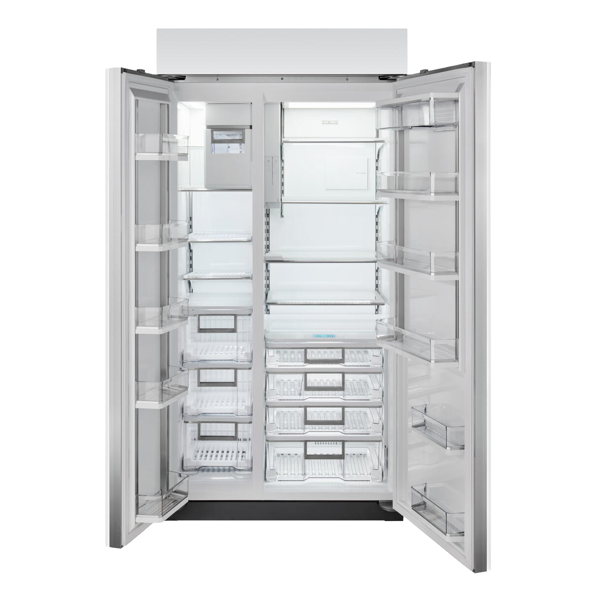 Open white side-by-side refrigerator and freezer with internal dispenser and multiple clear shelves in kitchen appliances collection