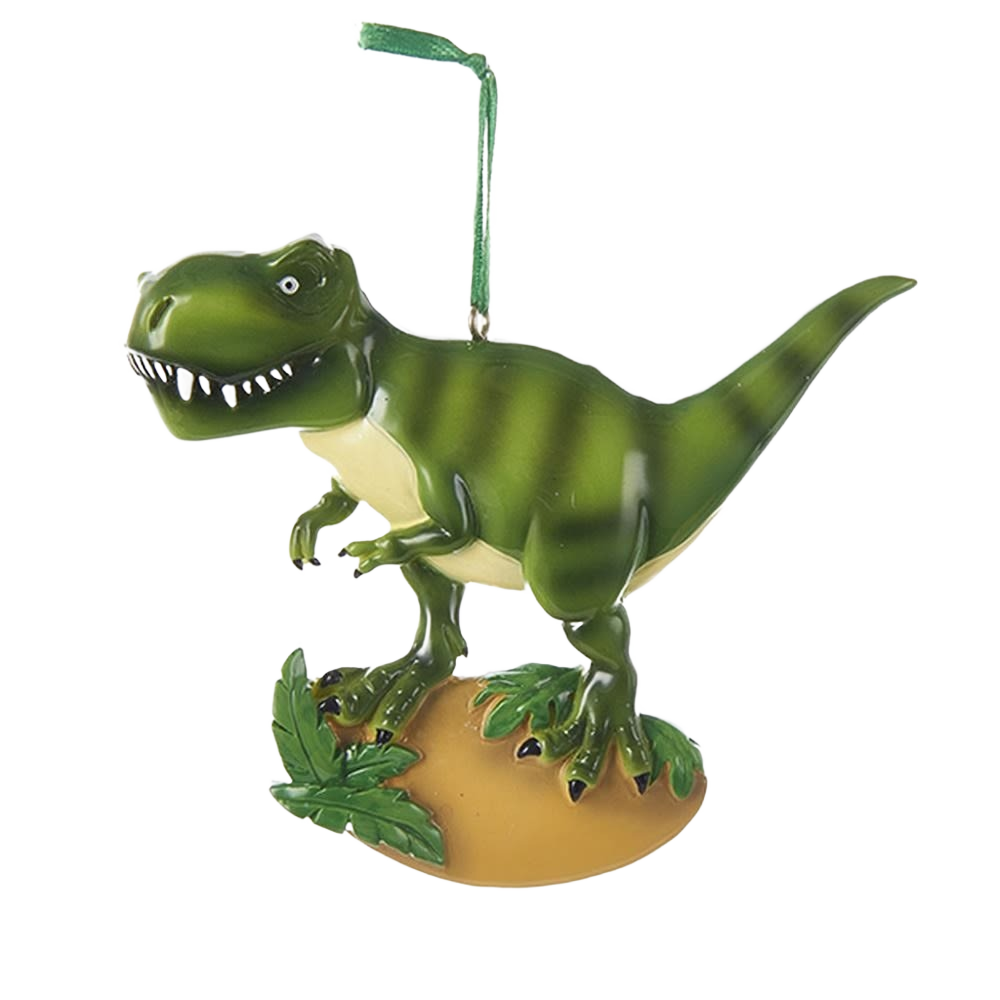 Green striped dinosaur figurine with a leafy base designed as a personalized holiday ornament decoration