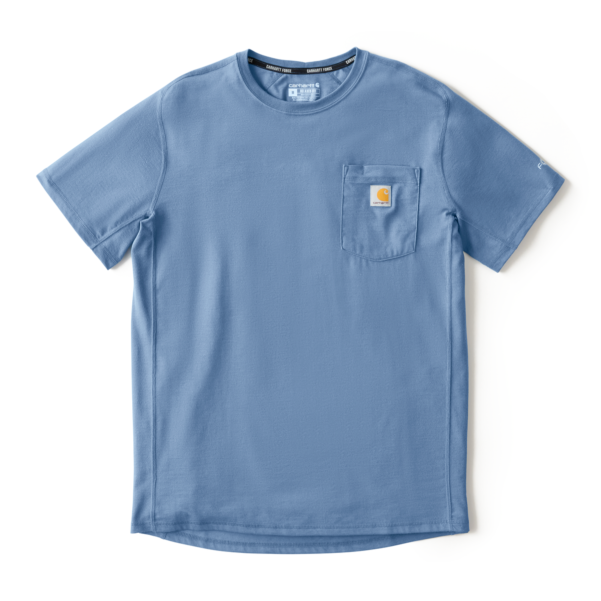 Light blue Carhartt short-sleeve crew neck shirt with a front chest pocket and square logo patch on the pocket