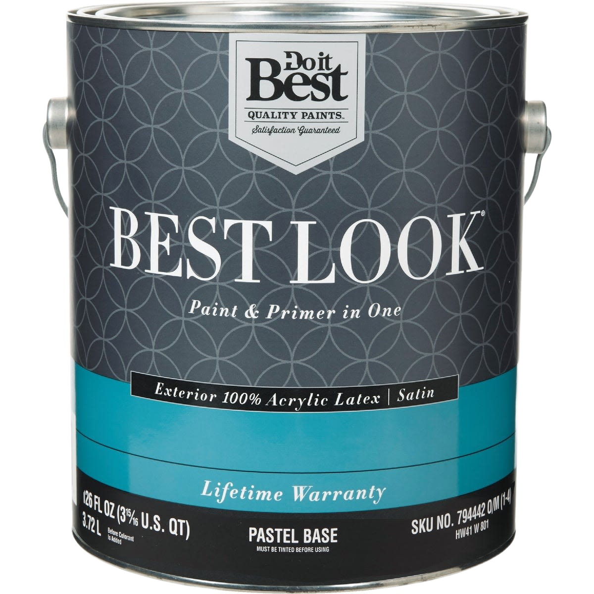 One gallon of exterior latex satin paint and primer with pastel base for durable home improvement projects