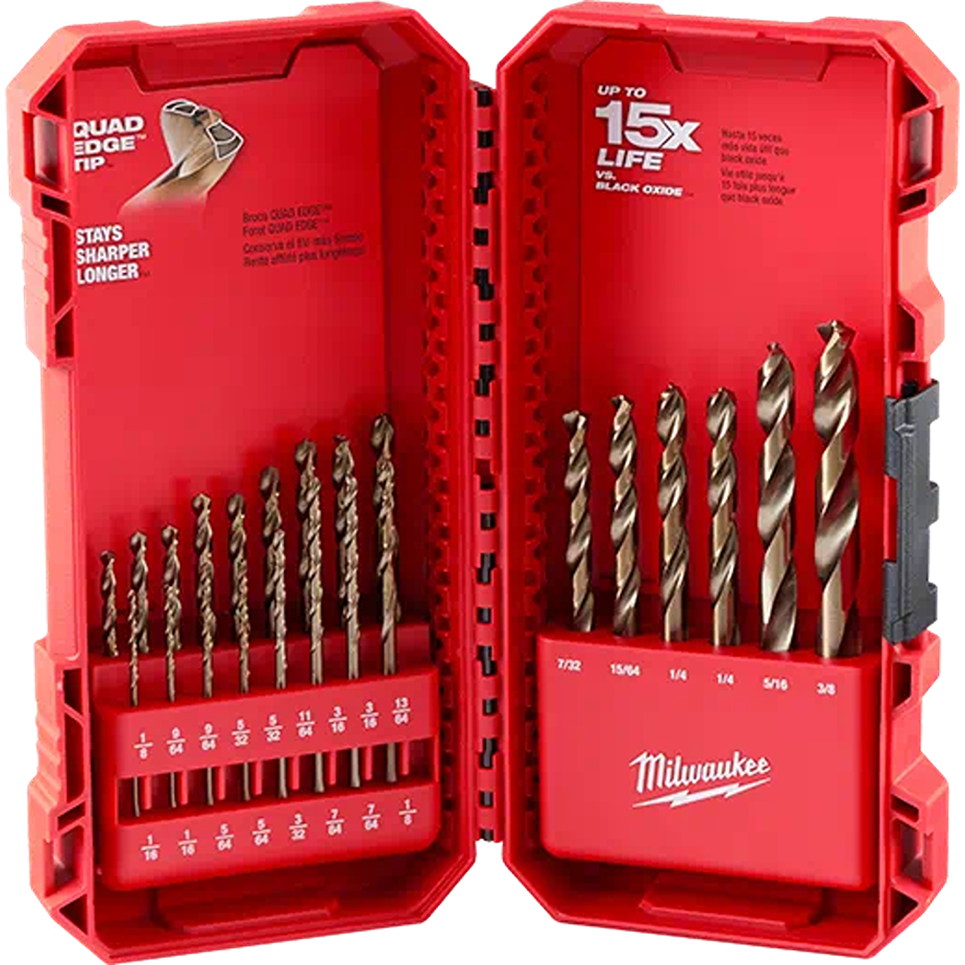 Red case with a 23-piece cobalt drill bit set featuring Quad Edge tips for durable, precise drilling in tool accessories collections