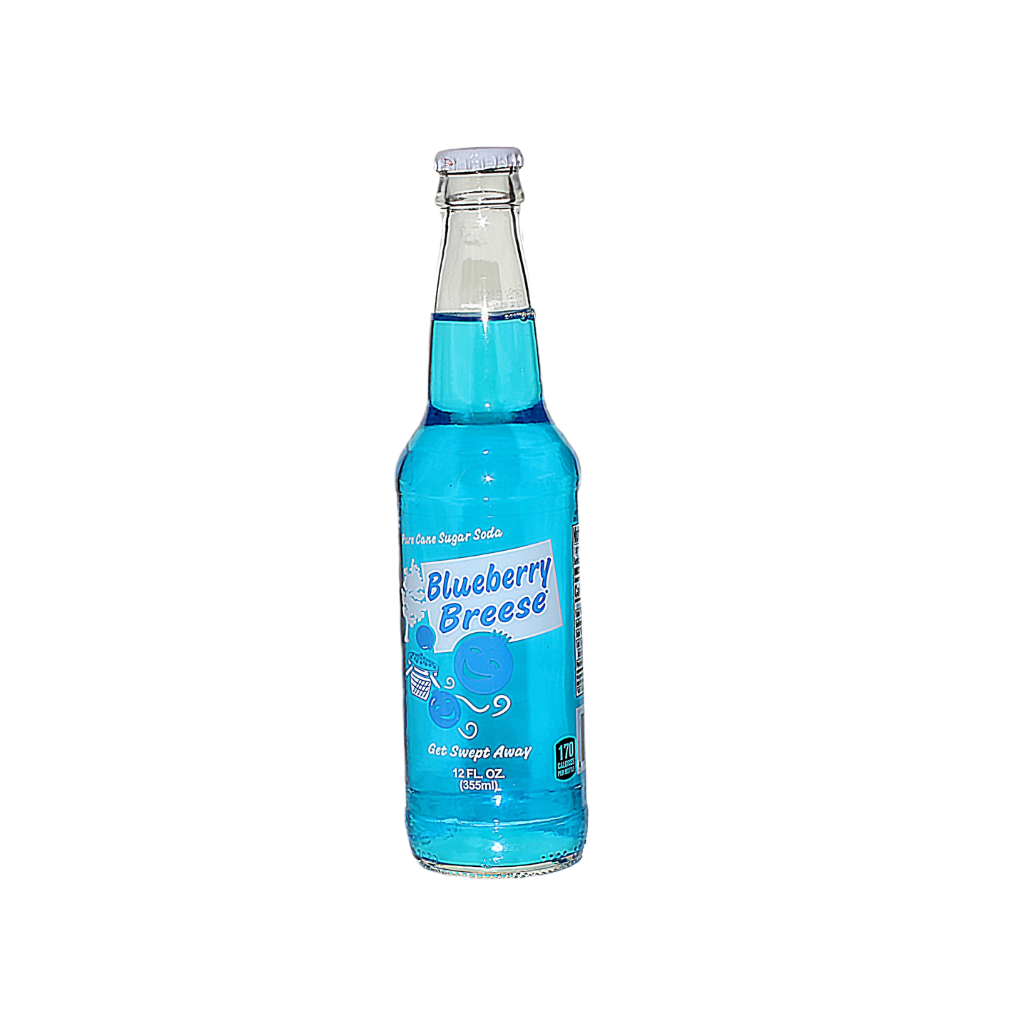 Clear glass bottle of bright blue blueberry-flavored soda with labeled logo and unopened cap