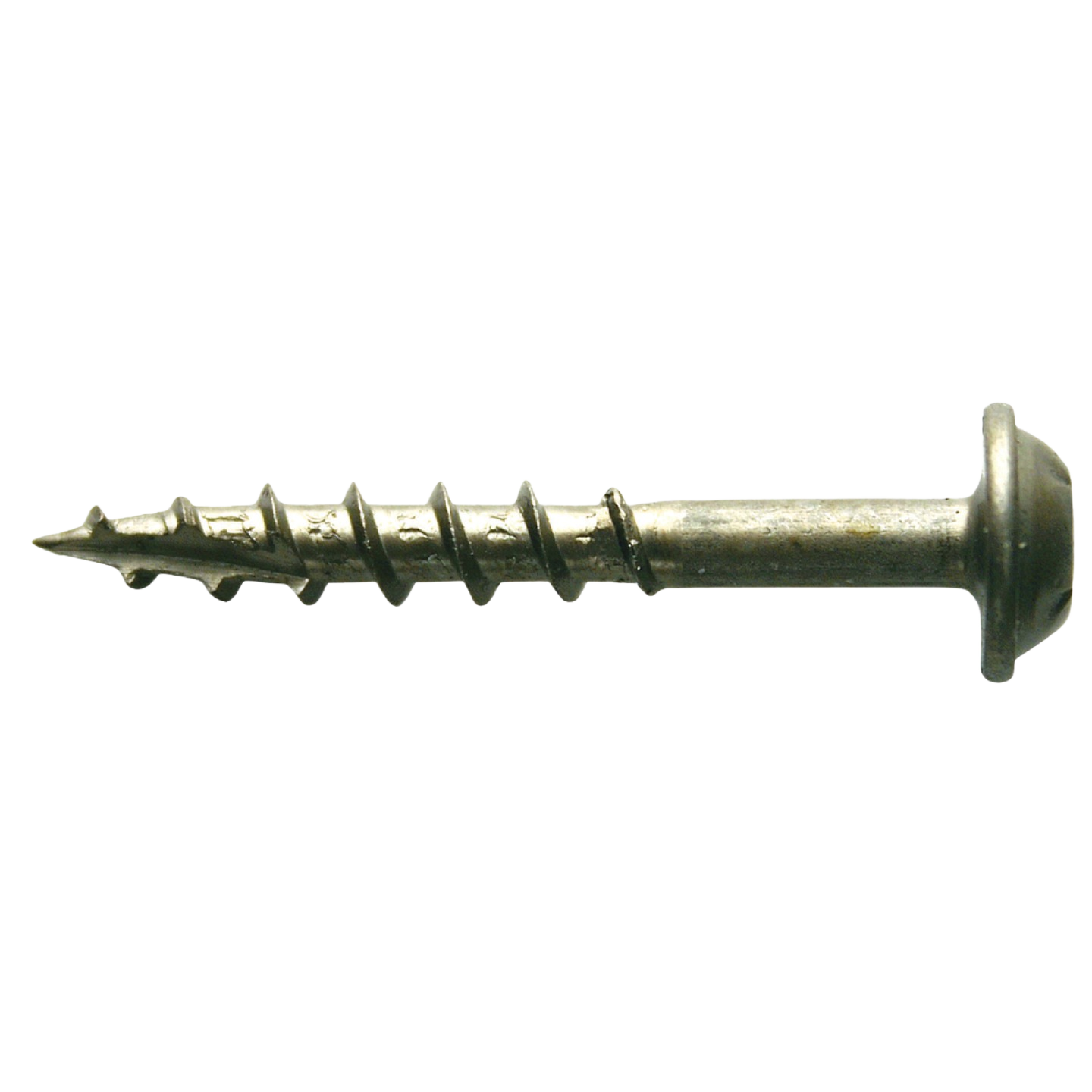 Close-up of a coarse zinc pocket hole screw with washer head for woodworking tool accessories and home improvement projects