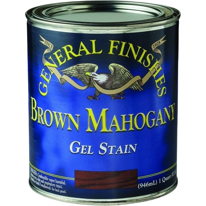 Blue metal can of General Finishes Brown Mahogany gel stain for wood finishing in home improvement collections