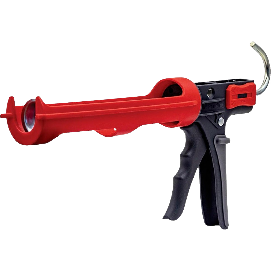 Red and black lightweight plastic caulk gun designed for precise application in home improvement and tool use