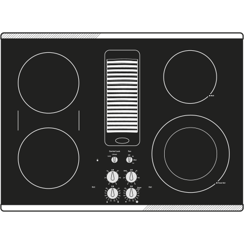 Black electric cooktop with four burners, center downdraft vent, and stainless steel control knobs in kitchen appliances collection